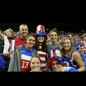 My teammates and I in the most obnoxious red, white & blue gear we could find. Hilary is in the grey t-shirt!